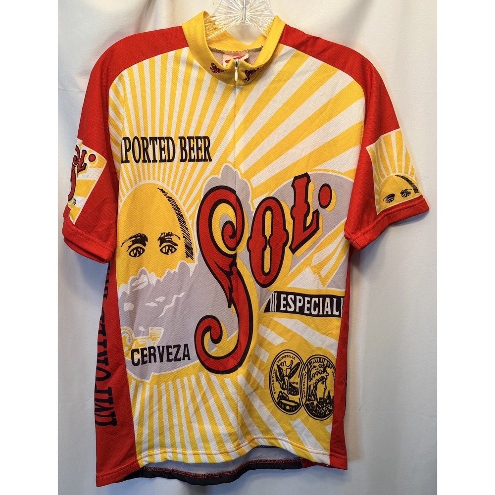 World Jerseys Sol Imported Beer Cycling Jersey Mens Medium 3/4 Zip Red Yellow